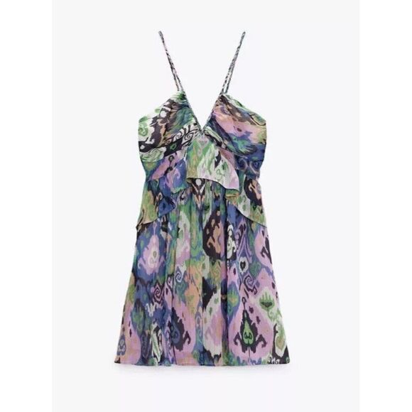 Zara Womens Mini Dress Ikat Printed XS Multicolor Ruffle 3464/270 NWT - Picture 2 of 9